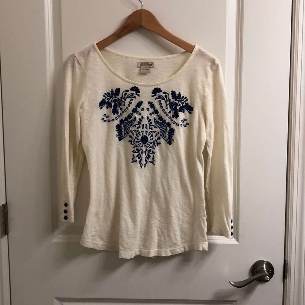 Lucky Brand Cream Top with Blue Embroidery